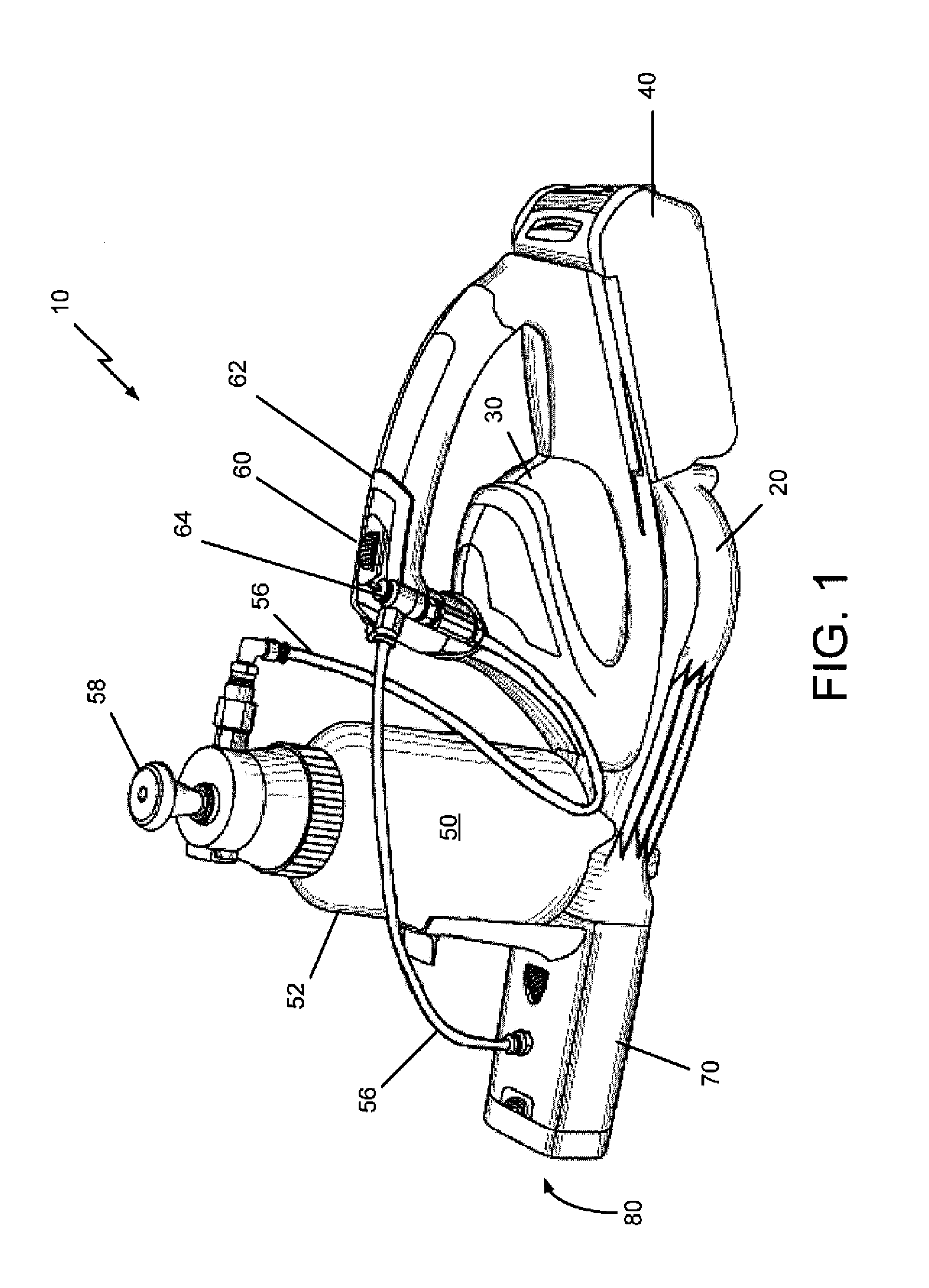 Heatless and cordless fogging/misting apparatus having a low CFM DC-powered blower motor and a mixing chamber for ultra-low volume atomized fog