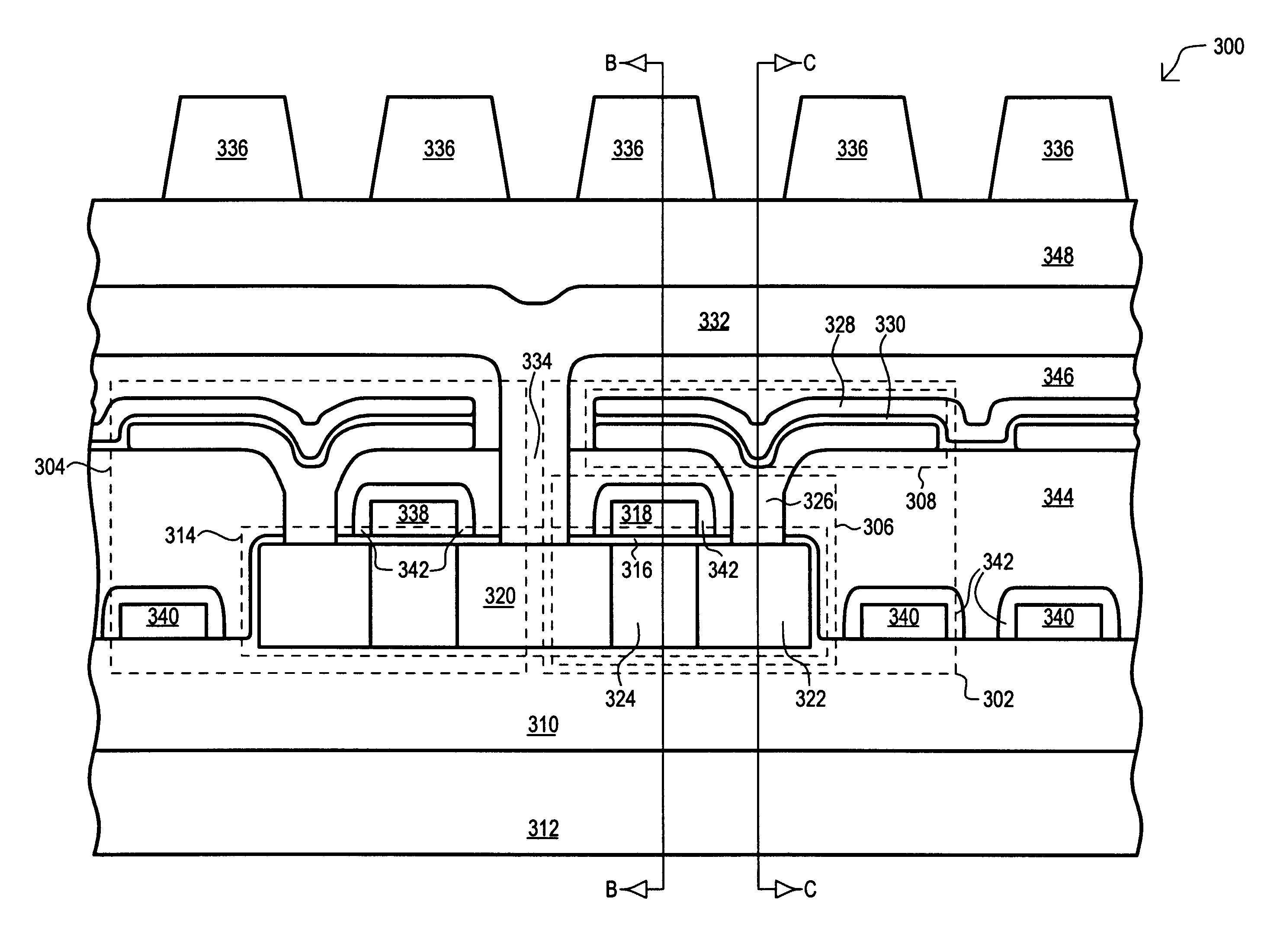 DRAM memory cell and array having pass transistors with surrounding gate