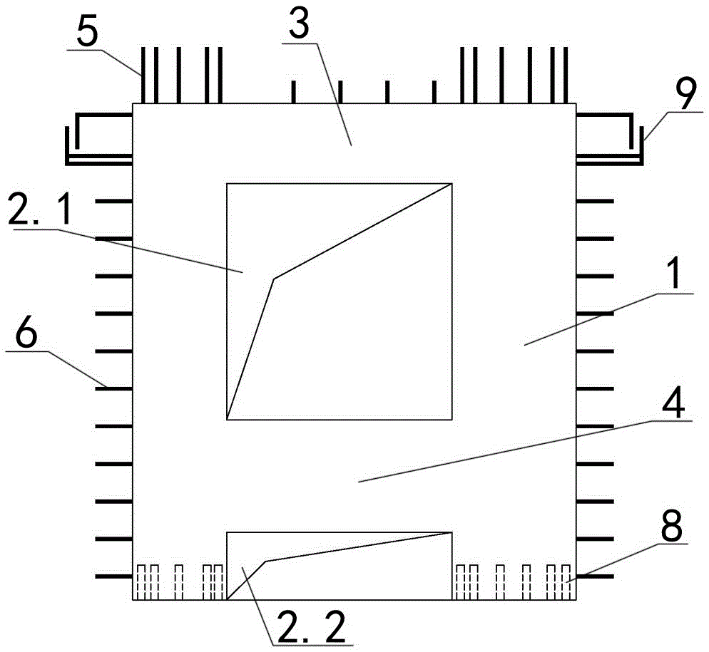 A prefabricated monolithic concrete shear wall panel with openings at the bottom and multiple connecting beams
