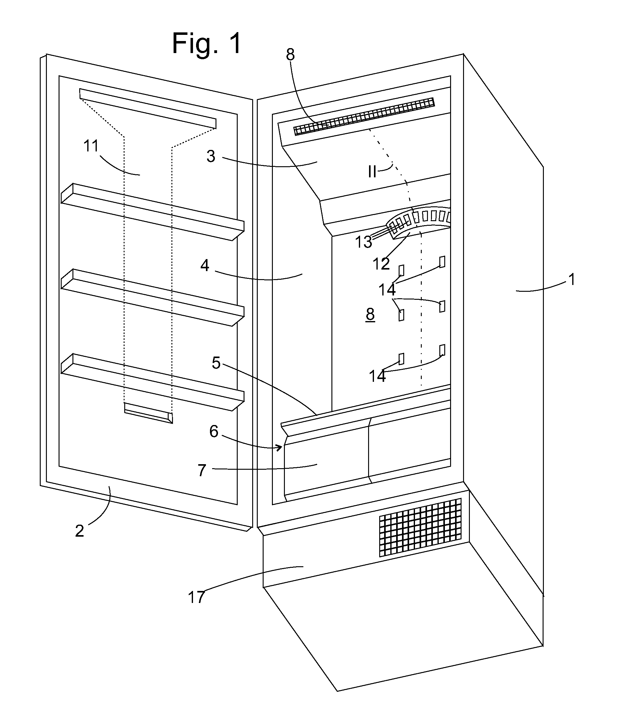 Refrigerating device with circulating air cooling system