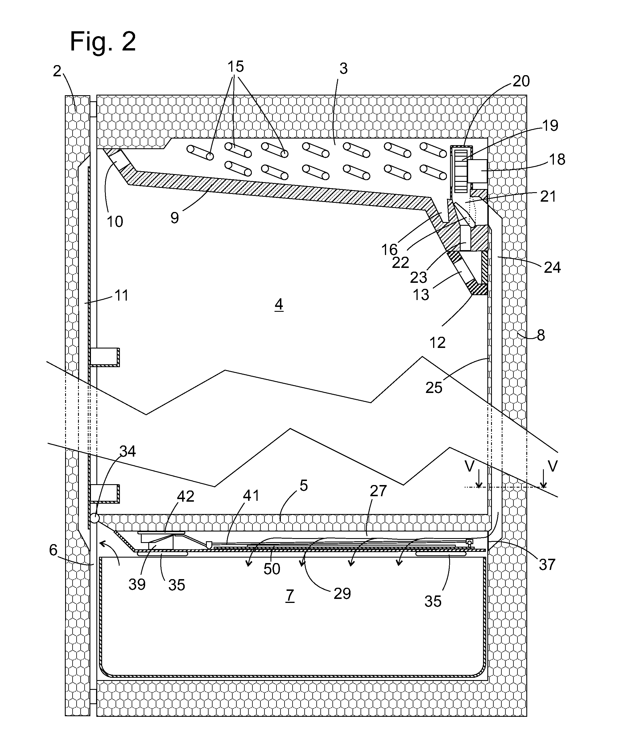 Refrigerating device with circulating air cooling system