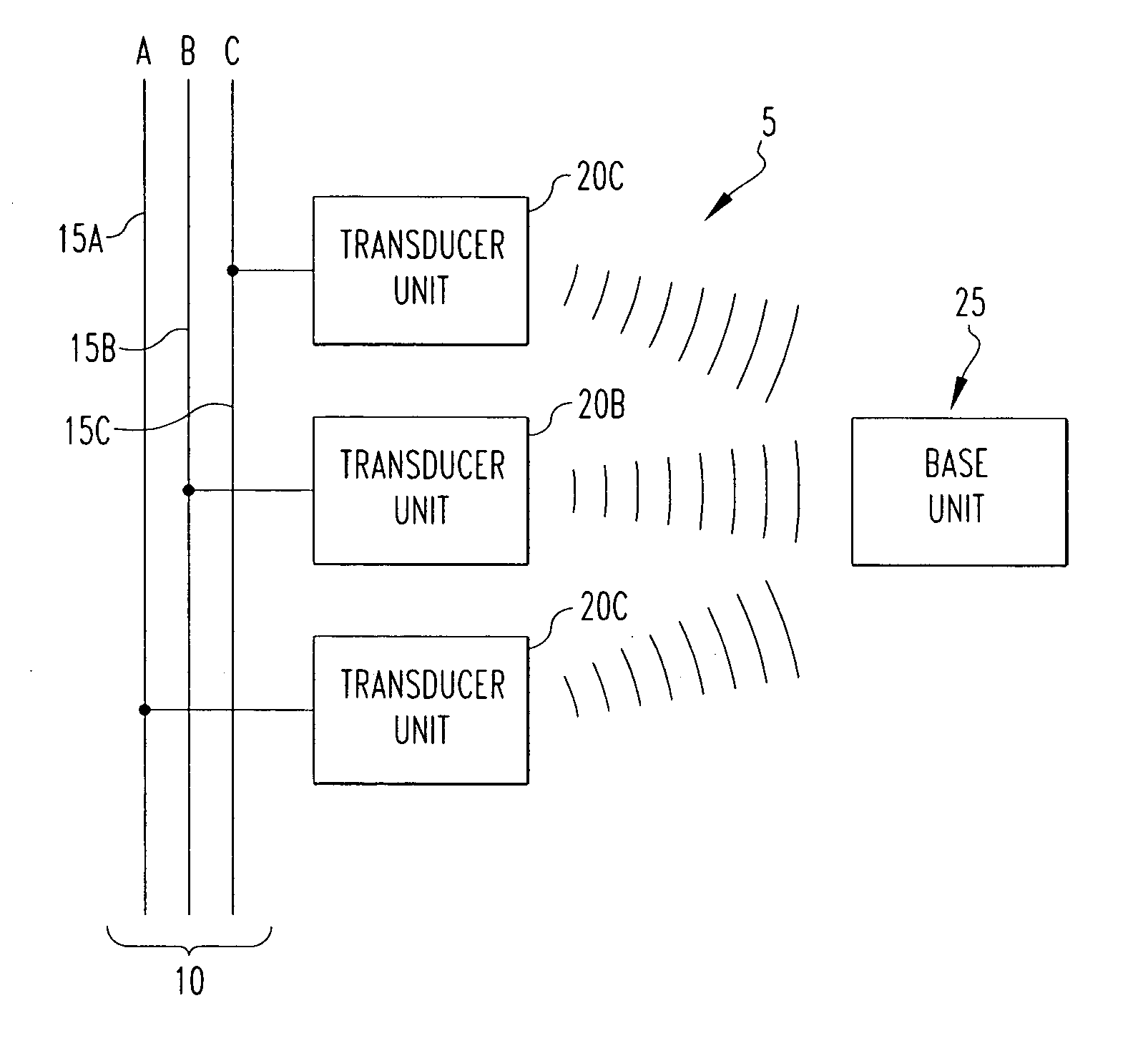 Power monitoring system including a wirelessly communicating electrical power transducer