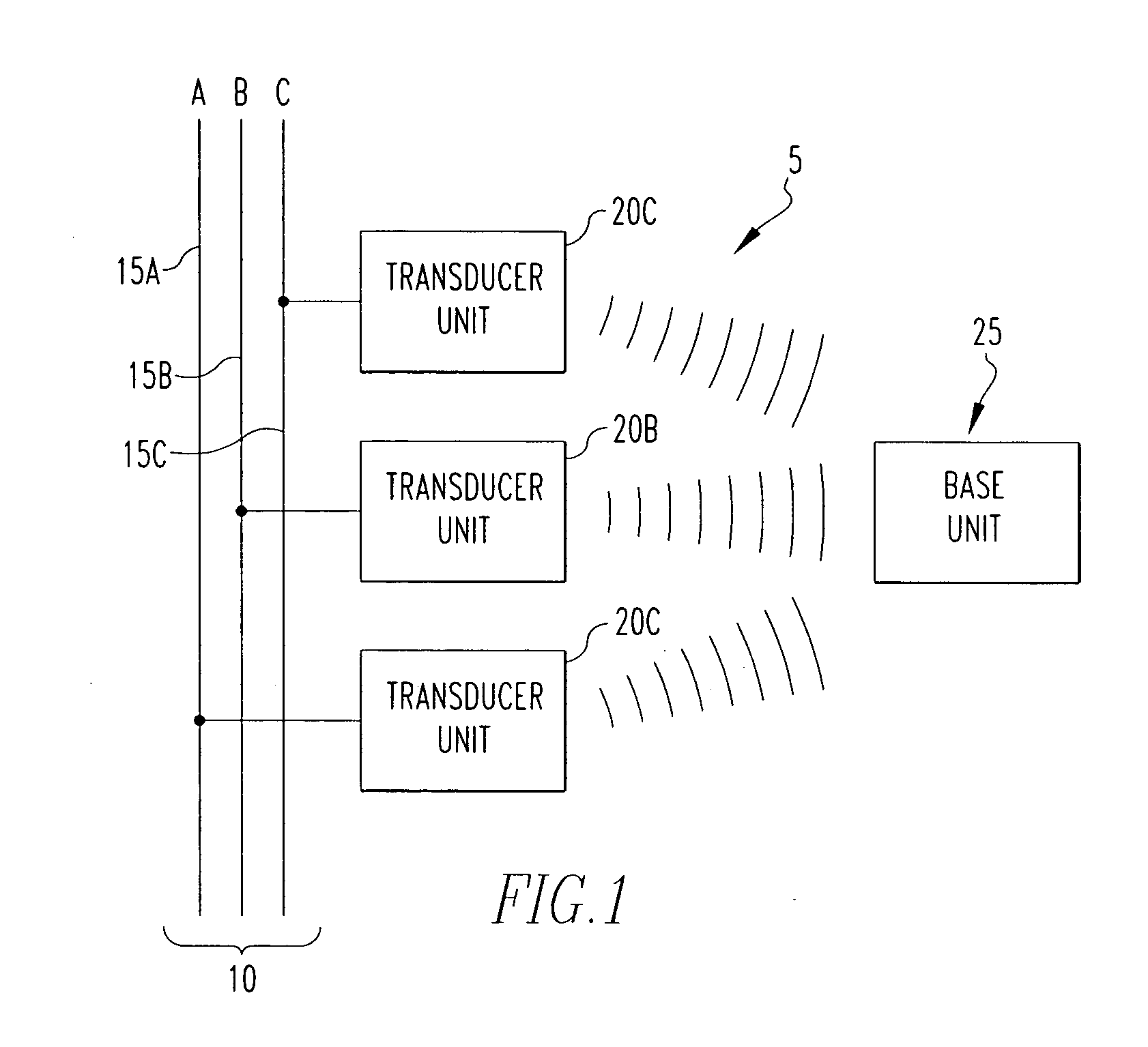 Power monitoring system including a wirelessly communicating electrical power transducer