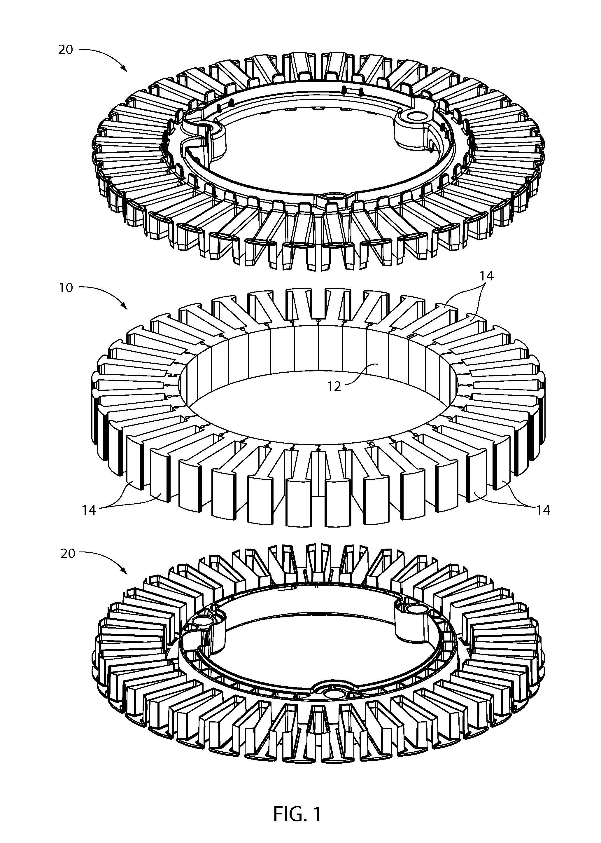 Low Noise Rotor or Stator of an Electric Motor or Generator and Method of Assembling the Same