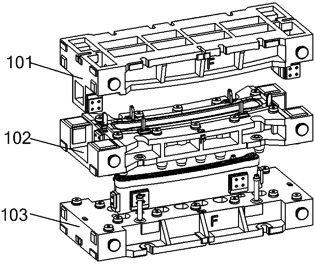 A hair cap stamping and liquid filling combined molding process mold and hair cap forming method