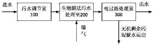 Integrated water treatment equipment and water treatment process using biofilm and electric filtration