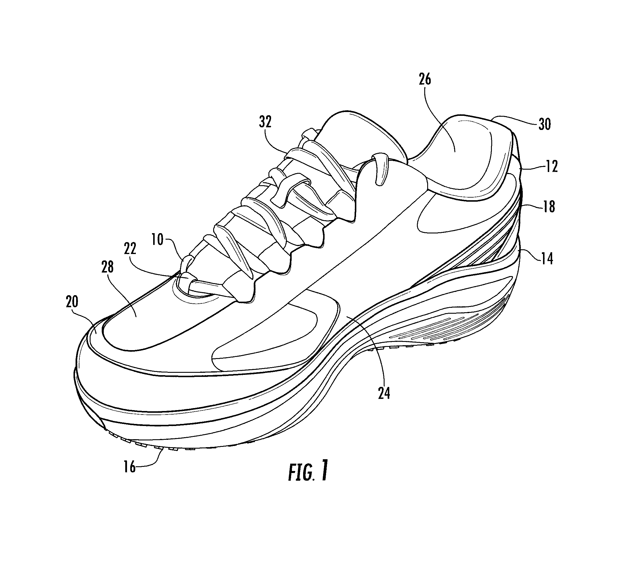 Shoe construction having a rocker shaped bottom and integral stabilizer