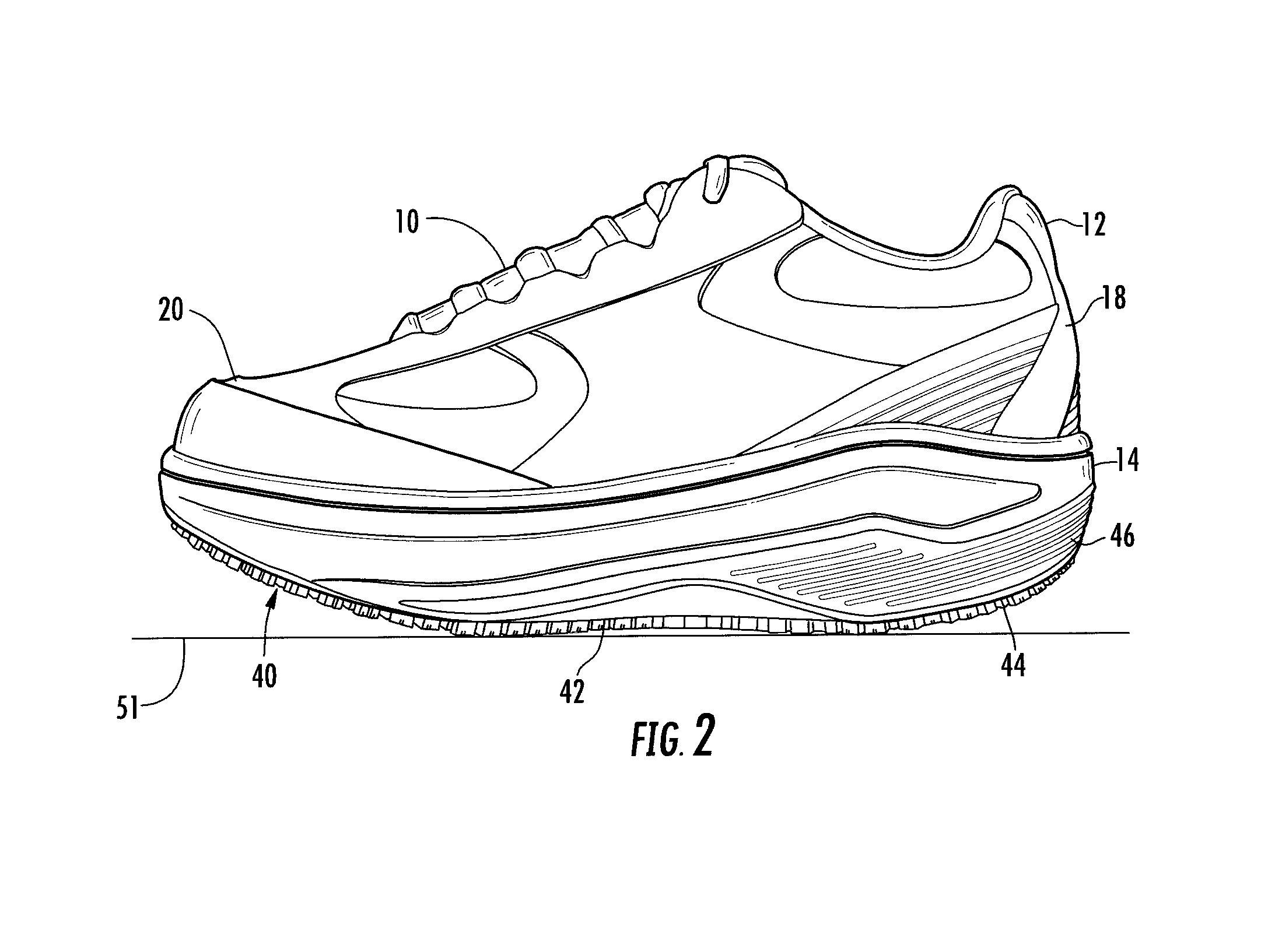 Shoe construction having a rocker shaped bottom and integral stabilizer