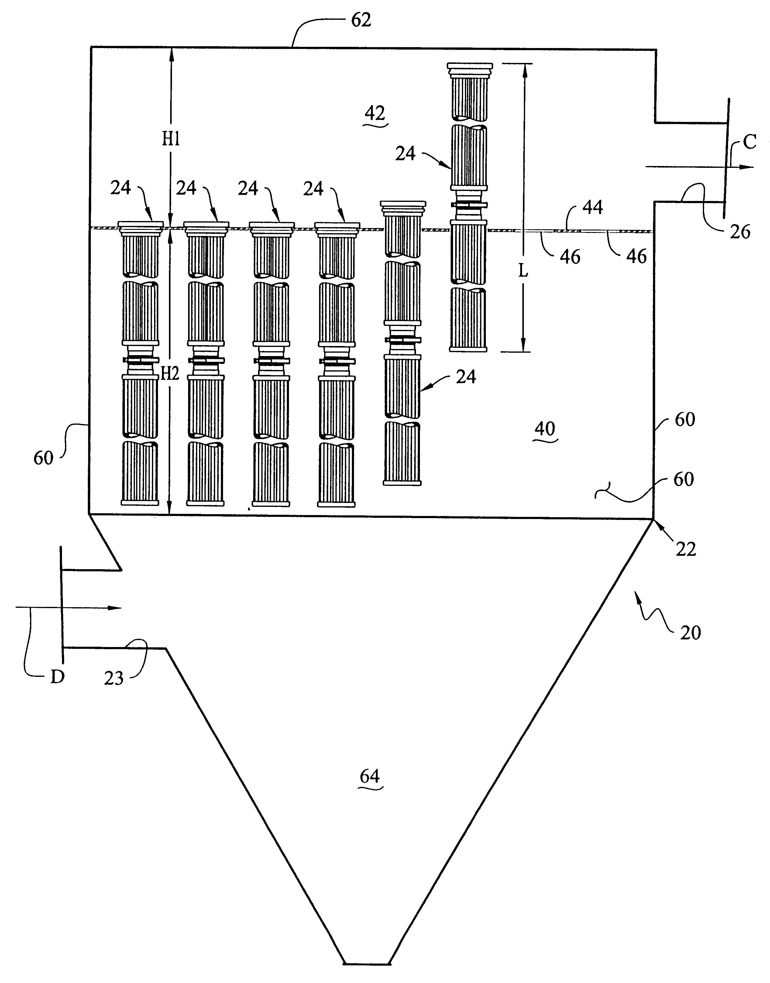 Baghouse, long filter assembly and method of installation