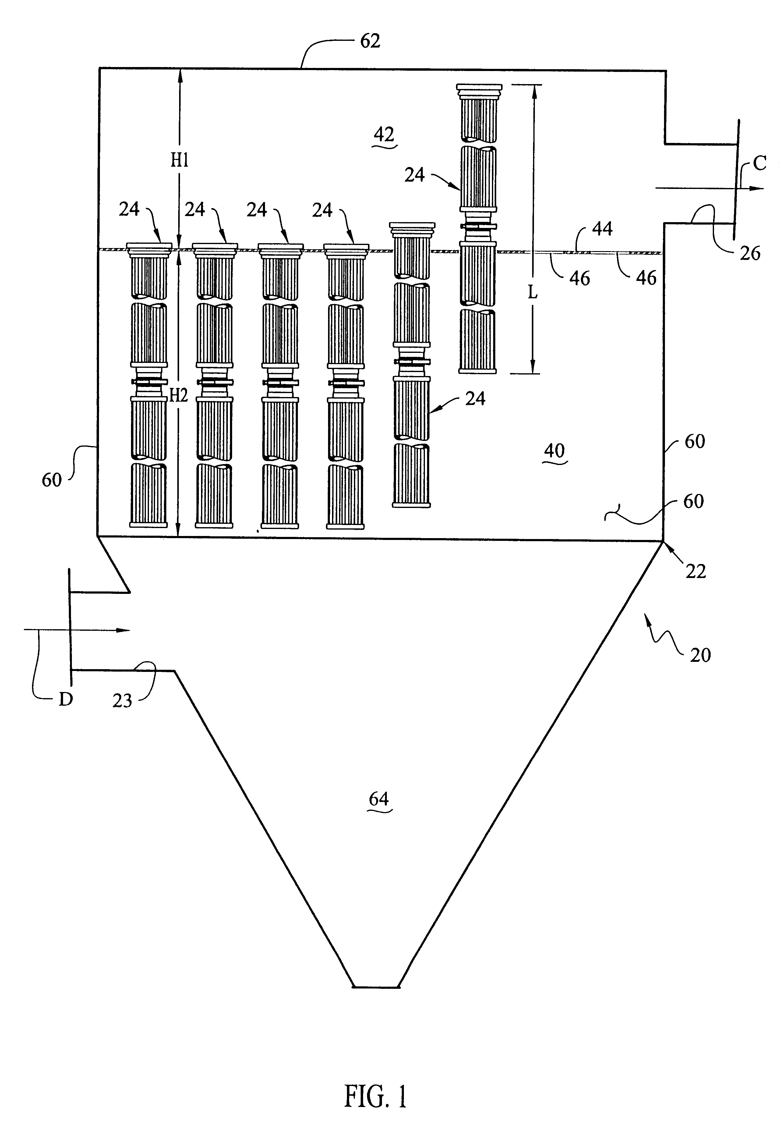 Baghouse, long filter assembly and method of installation