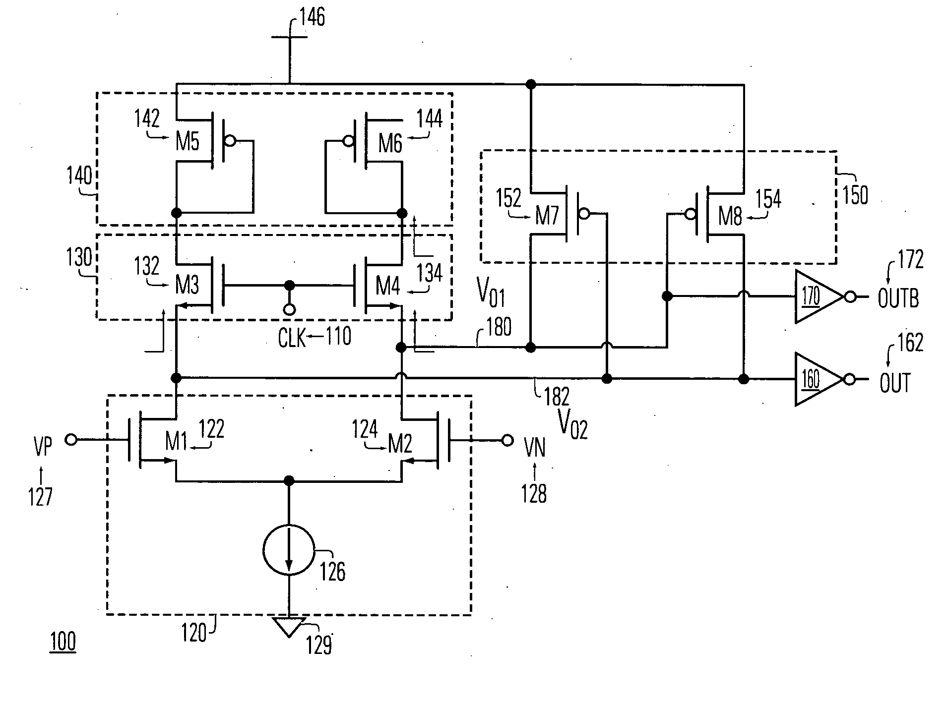 Differential sense amplifier circuit and method triggered by a clock signal through a switch circuit