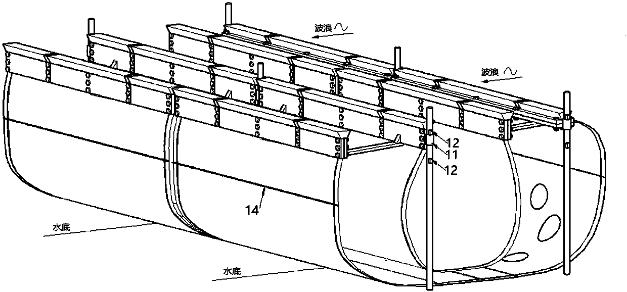 Flexible wave absorbing device for efficiently reducing long period waves in shallow water area