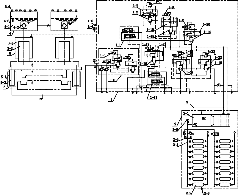 Hydraulic control system for piston type energy accumulator