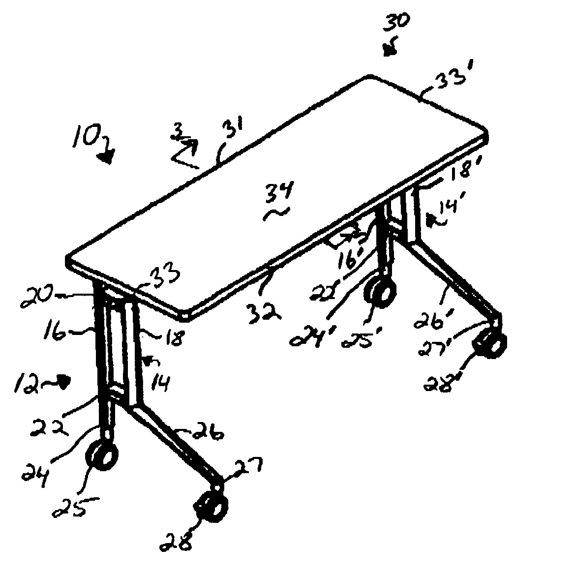 Nesting table with controlled pivoting movement