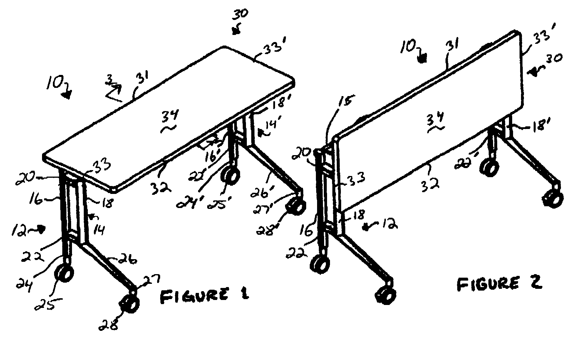 Nesting table with controlled pivoting movement