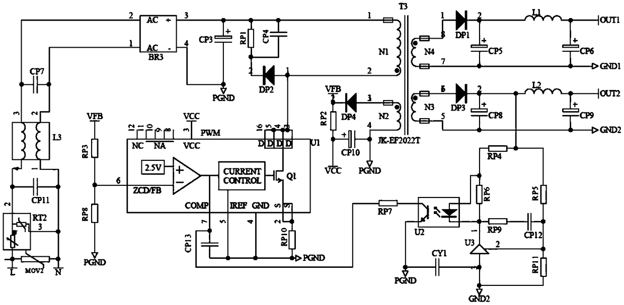 An AC-to-DC isolating switch power supply circuit