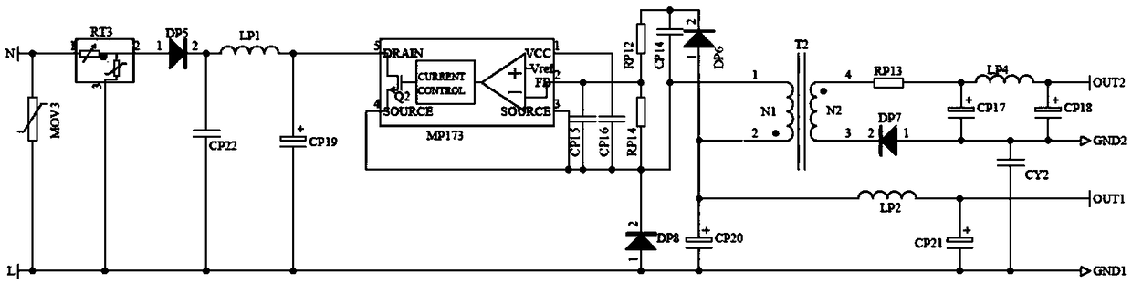 An AC-to-DC isolating switch power supply circuit
