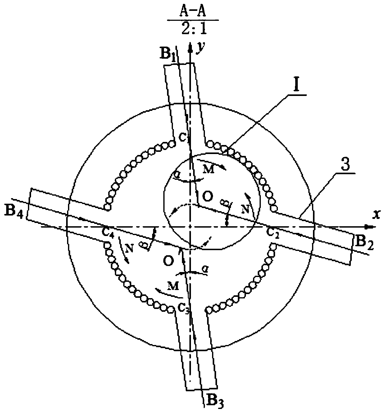 Entrained flow gasifier device with four forward and reverse rotating burners and gasification method