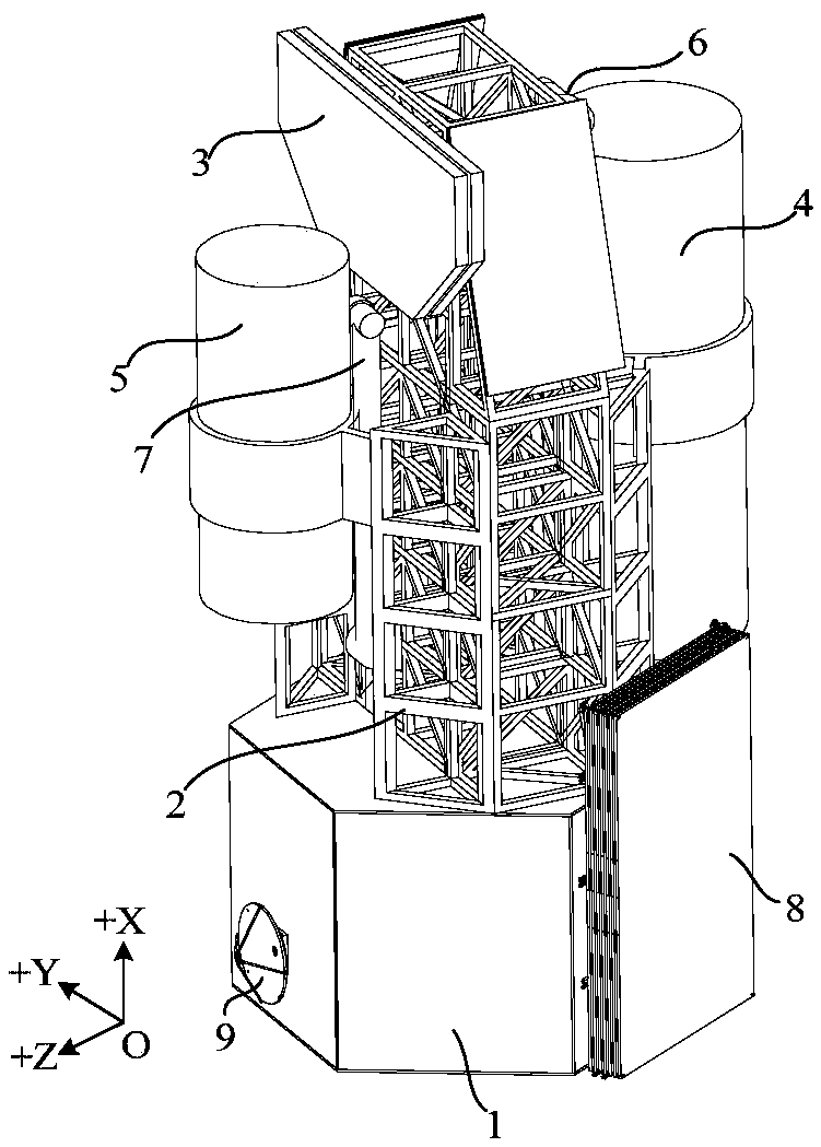 Configuration of satellite loaded with large deployable antenna with double reflecting surfaces