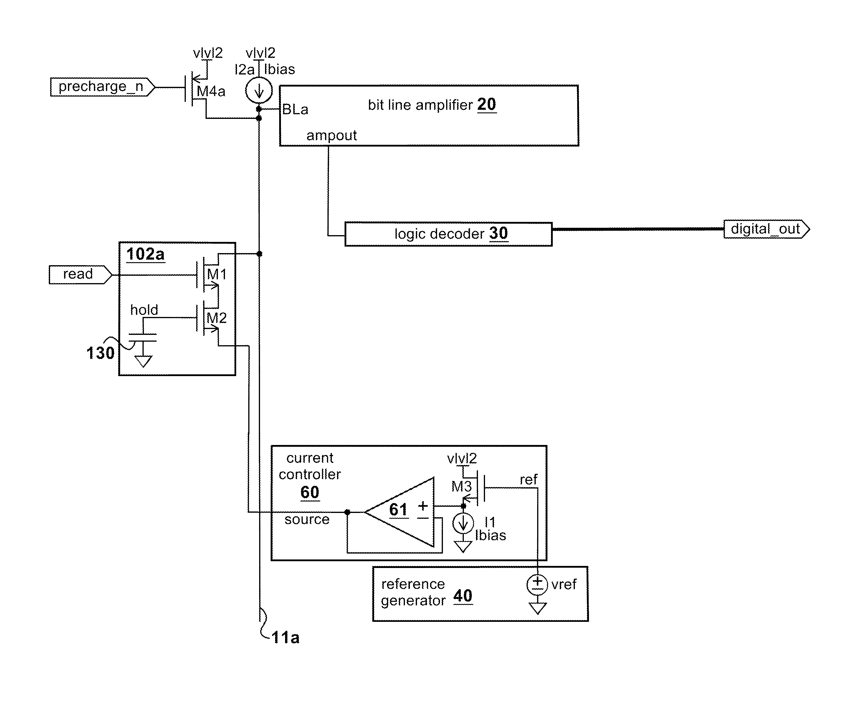 Memory architecture with a current controller and reduced power requirements