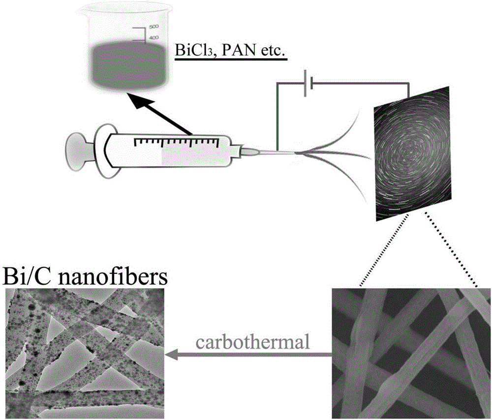 One-dimensional Bi-doped carbon nanowire composite material and preparation method and application thereof