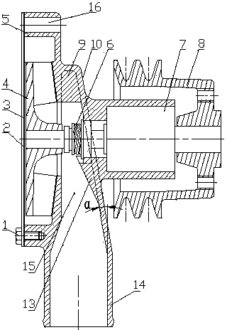 Cooling water pump provided with symmetrical semicircular inclined-plane water suction chambers