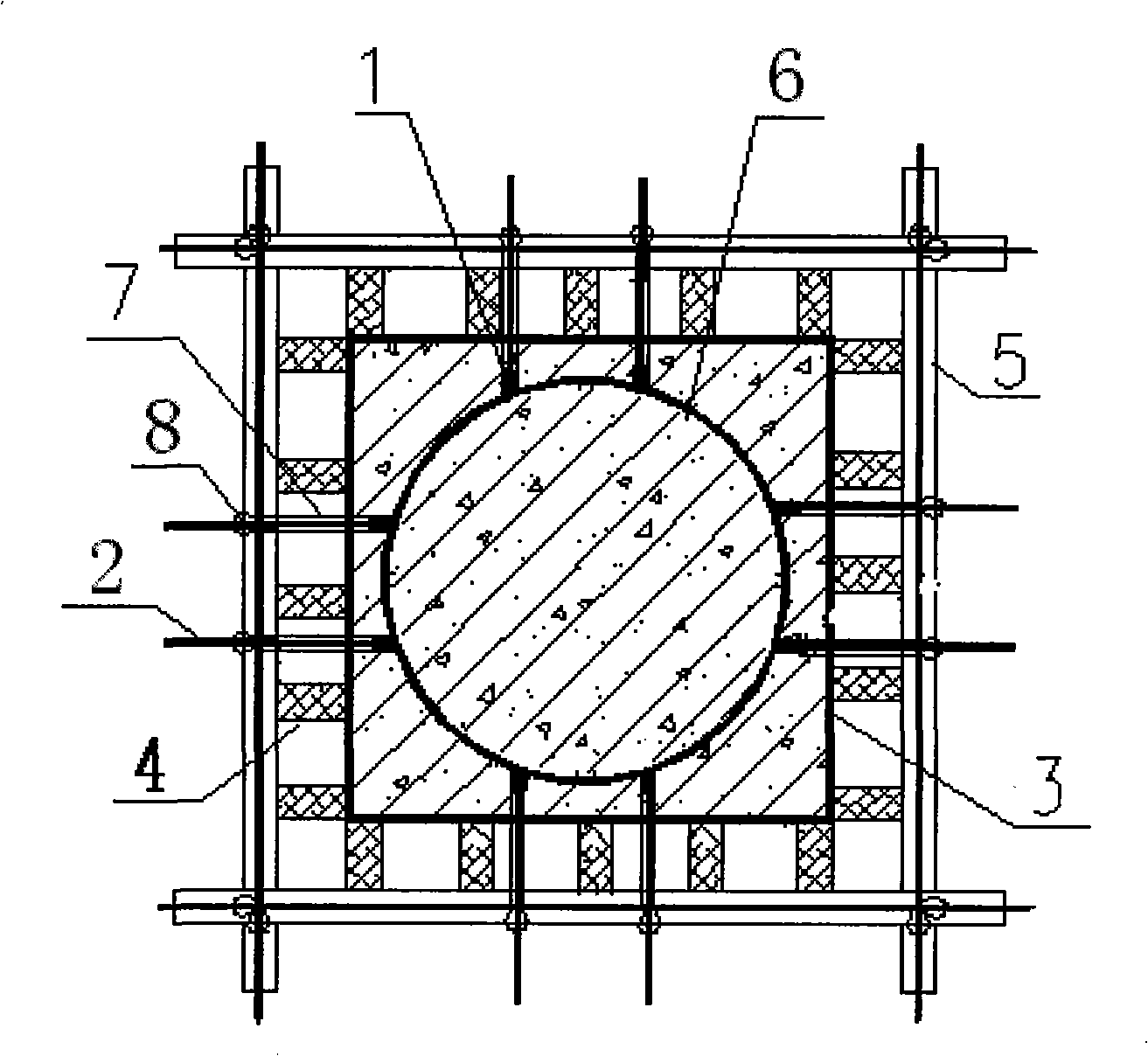 Preset nut type steel-reinforced concrete compound pier template fixing device and construction method thereof