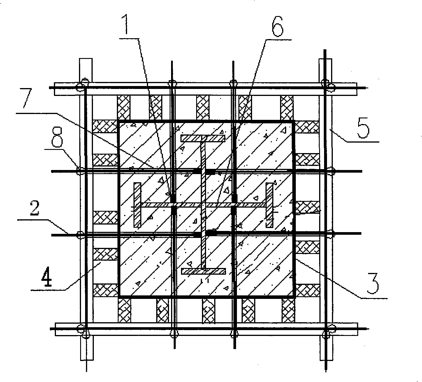 Preset nut type steel-reinforced concrete compound pier template fixing device and construction method thereof