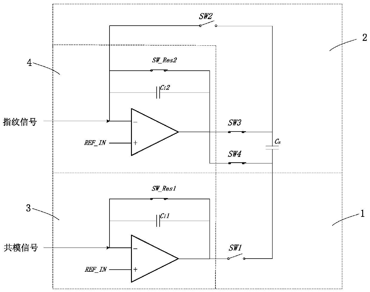 A differential acquisition and amplification circuit for capacitive fingerprint signals and its working method