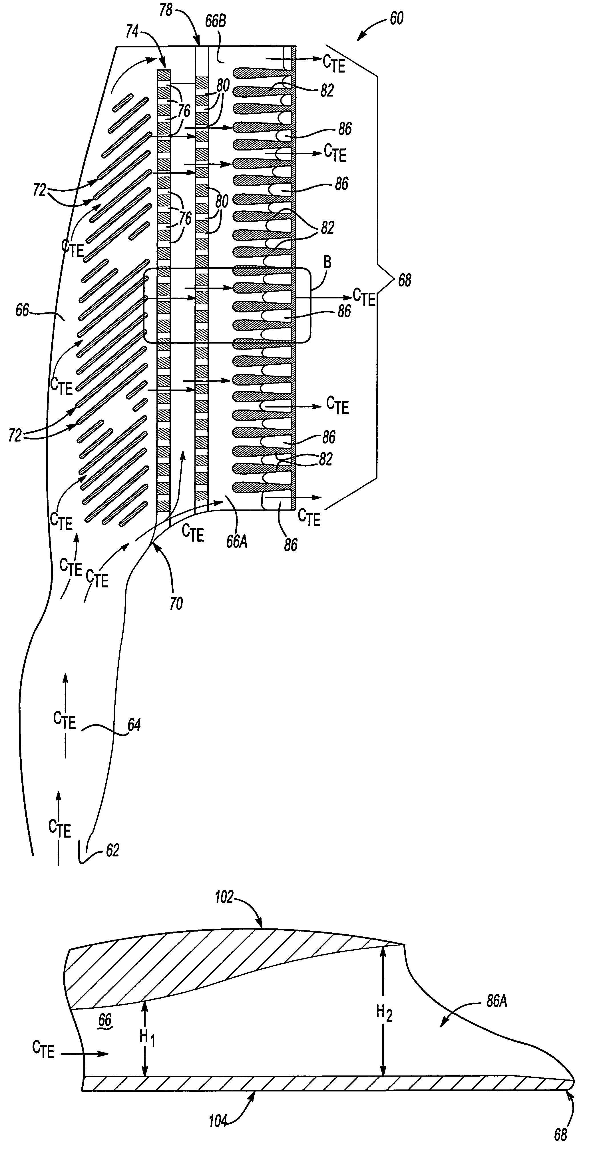 Turbine blade including revised trailing edge cooling