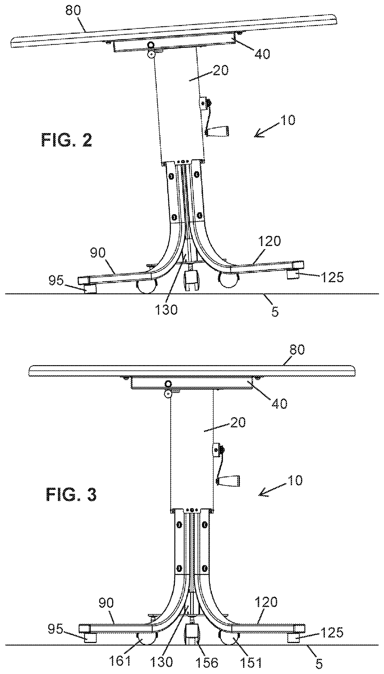 Adjustable height table base with transport mechanism