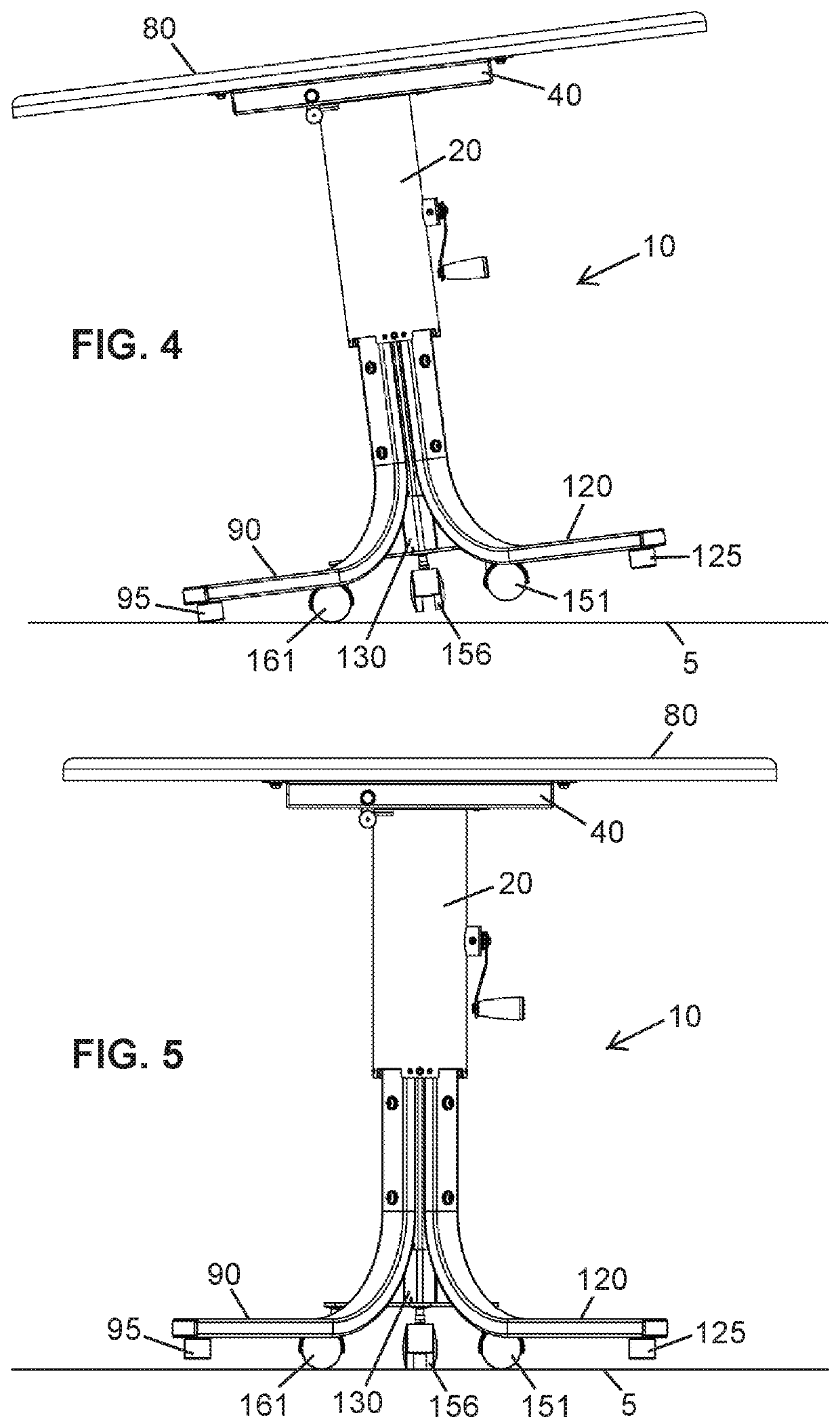 Adjustable height table base with transport mechanism