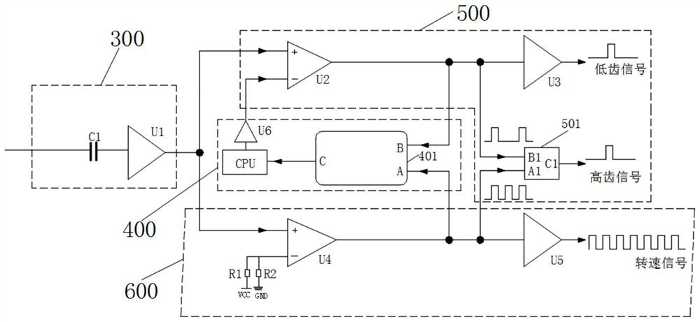 High/low tooth signal processing circuit of rotating speed fluted disc and real-time extraction method