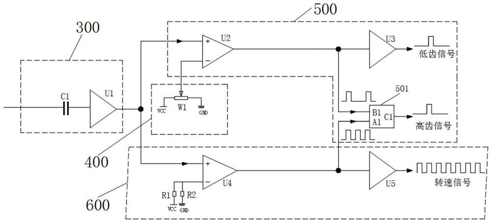 High/low tooth signal processing circuit of rotating speed fluted disc and real-time extraction method