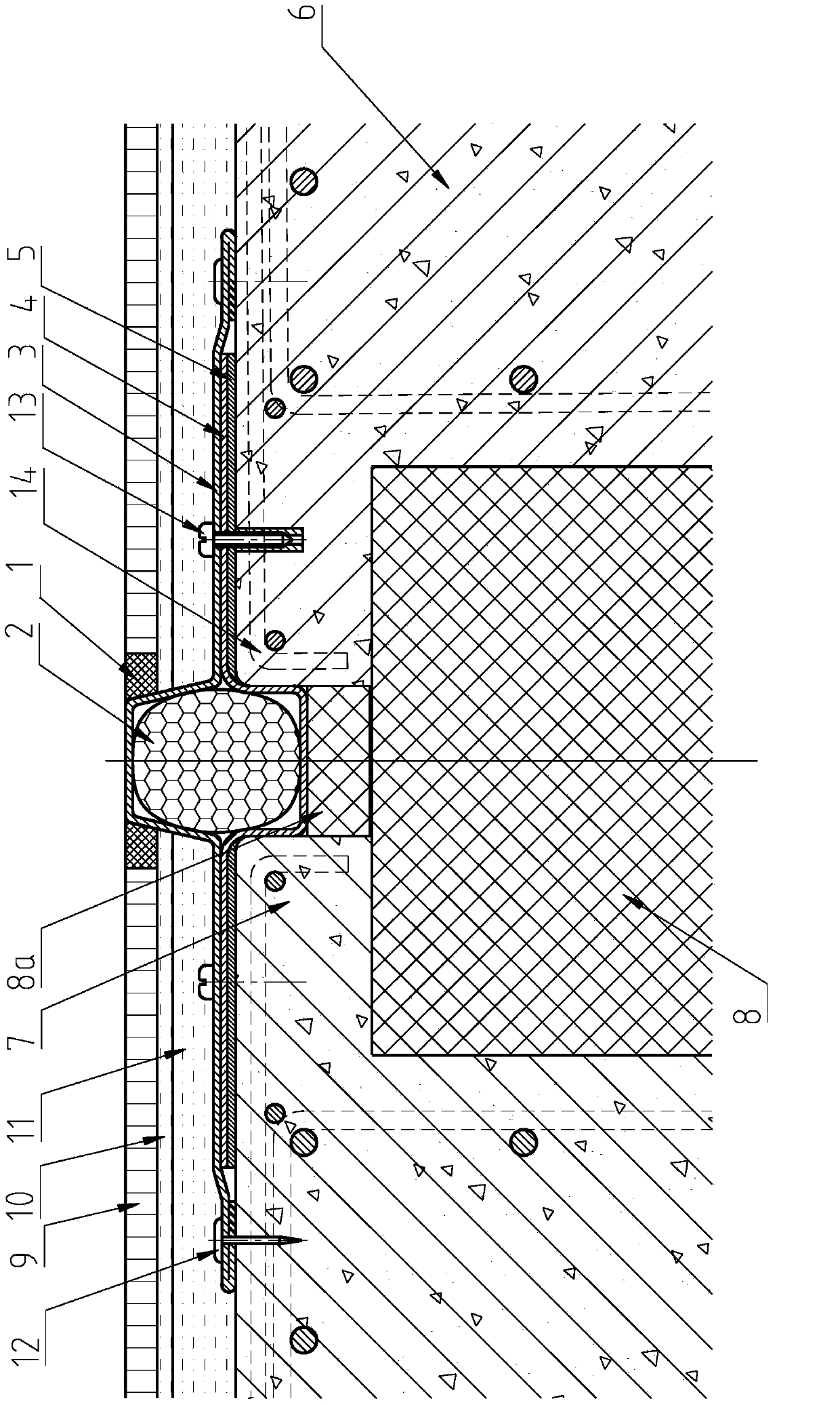 Quakeproof bed joint water-proof structure for outside hall of high-rise building and construction method