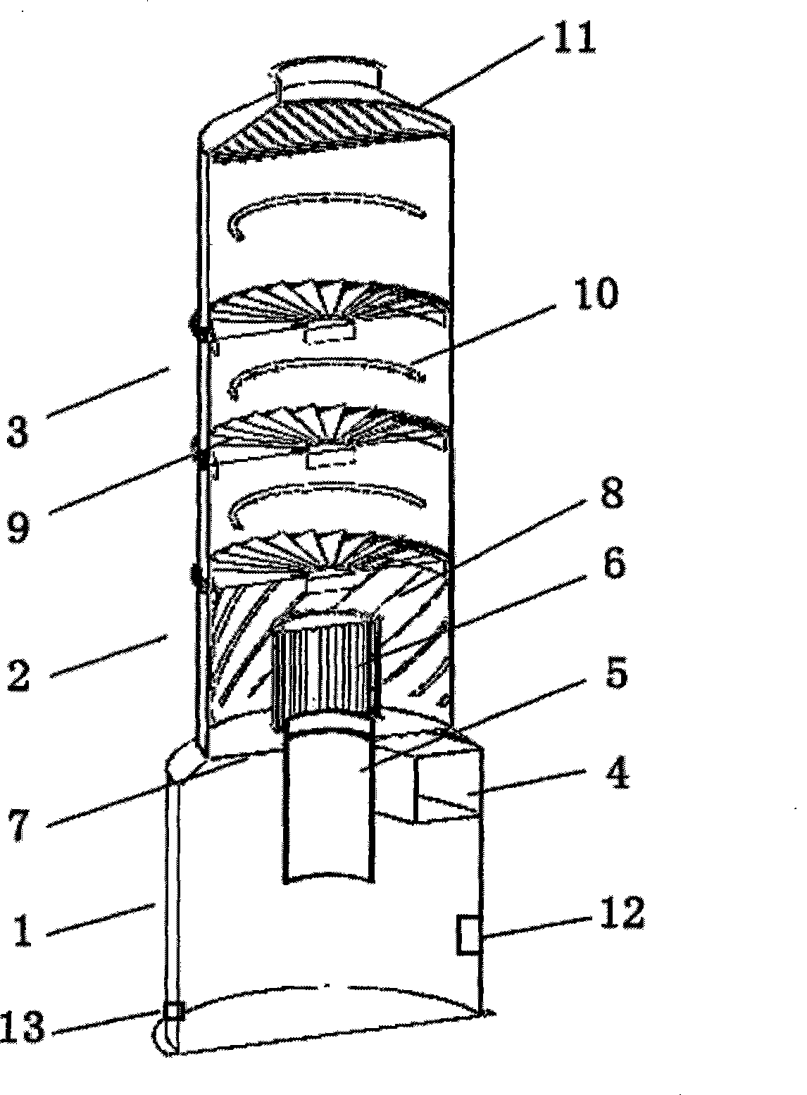 Rotational-flow type dust removing and desulfurization device
