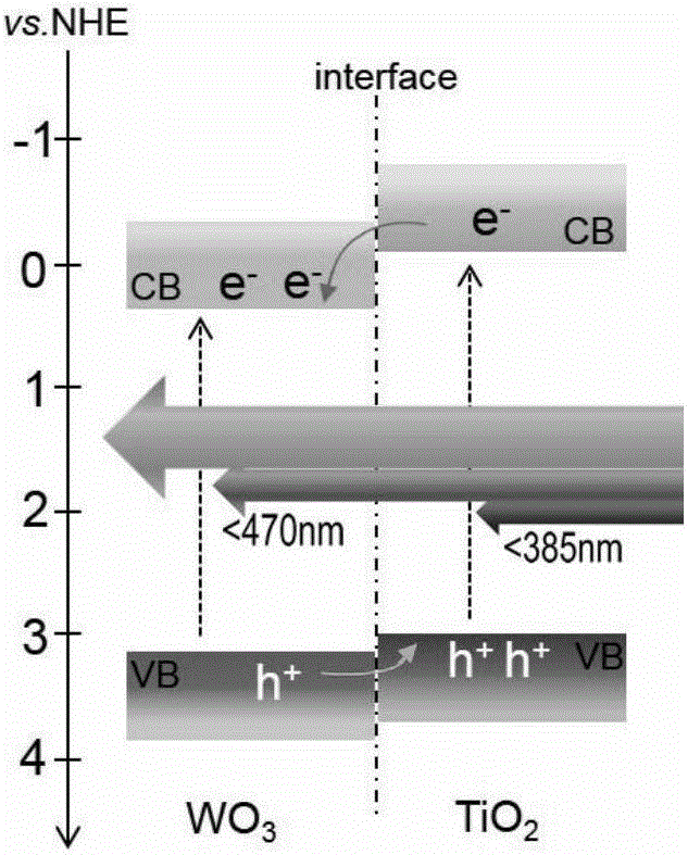 Tungsten trioxide/titanium dioxide nano heterojunction thin film and preparation and application thereof