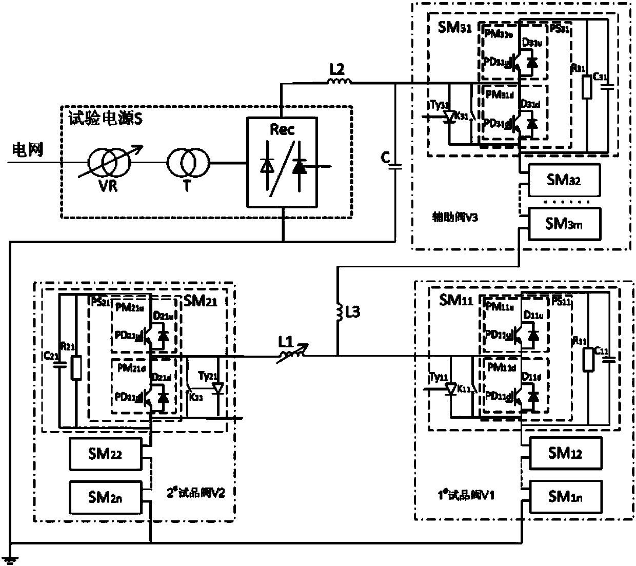 A flexible DC transmission voltage source converter valve operation test device