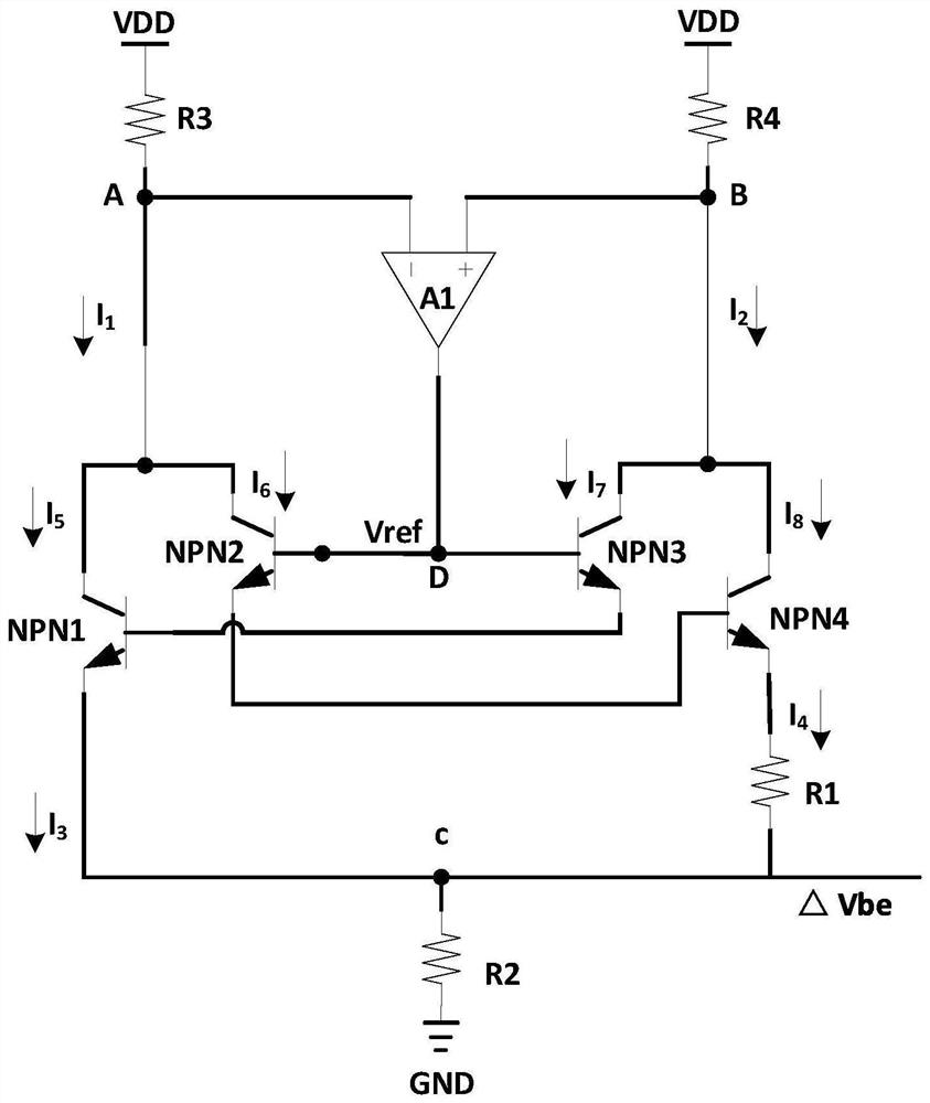 Low-power-consumption improved band-gap reference temperature reading circuit