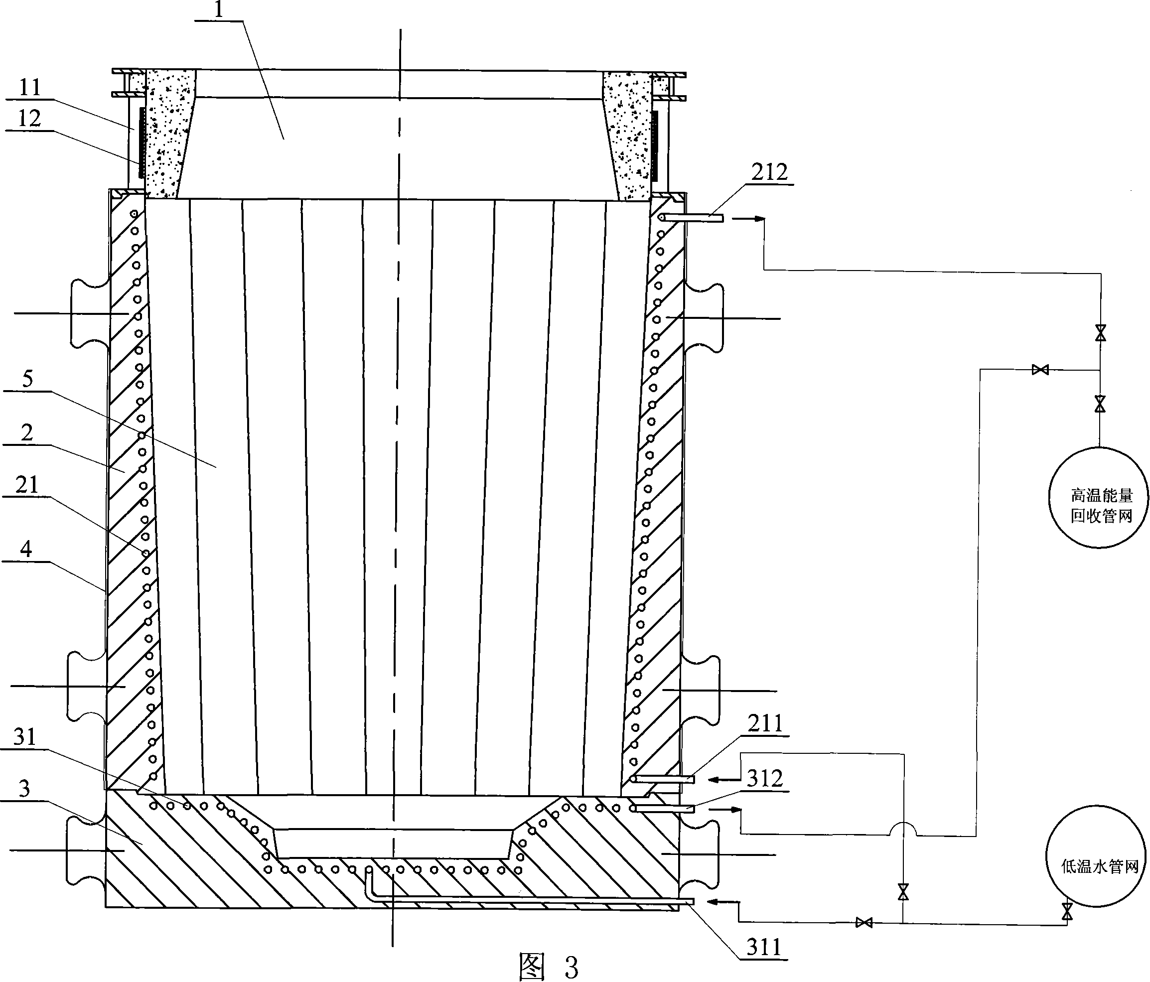 Macrotype metal mold system for recovering thermal energy by cooling water