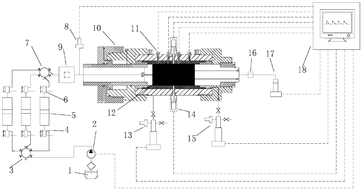 Triaxial loading pulse hydraulic fracturing crack expansion dynamic monitoring test device