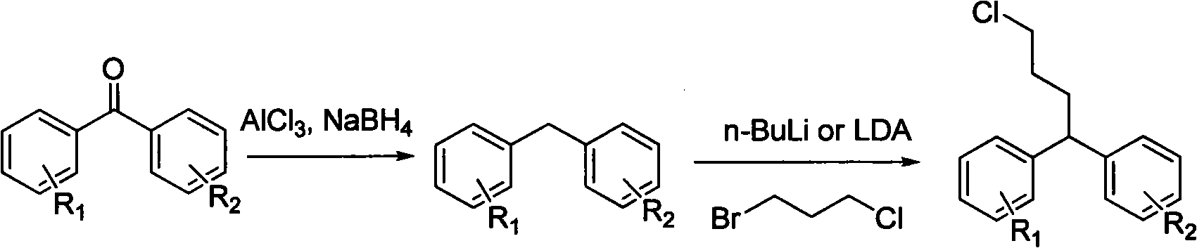 Diphenylalkyl halide or diphenyl carboxylic acid and synthesis method thereof