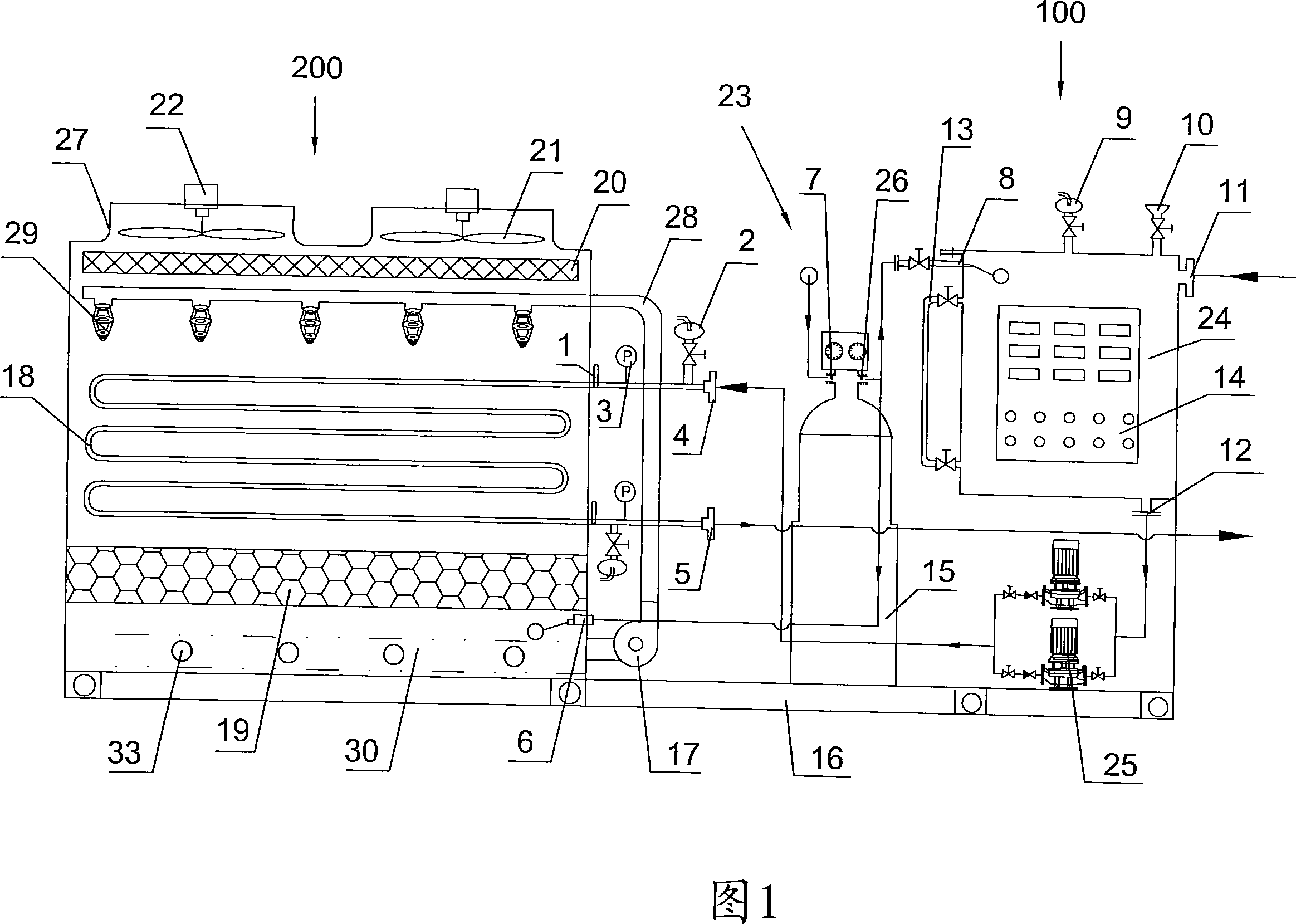 Closed cooling tower with device for automatic electrical heating spray water