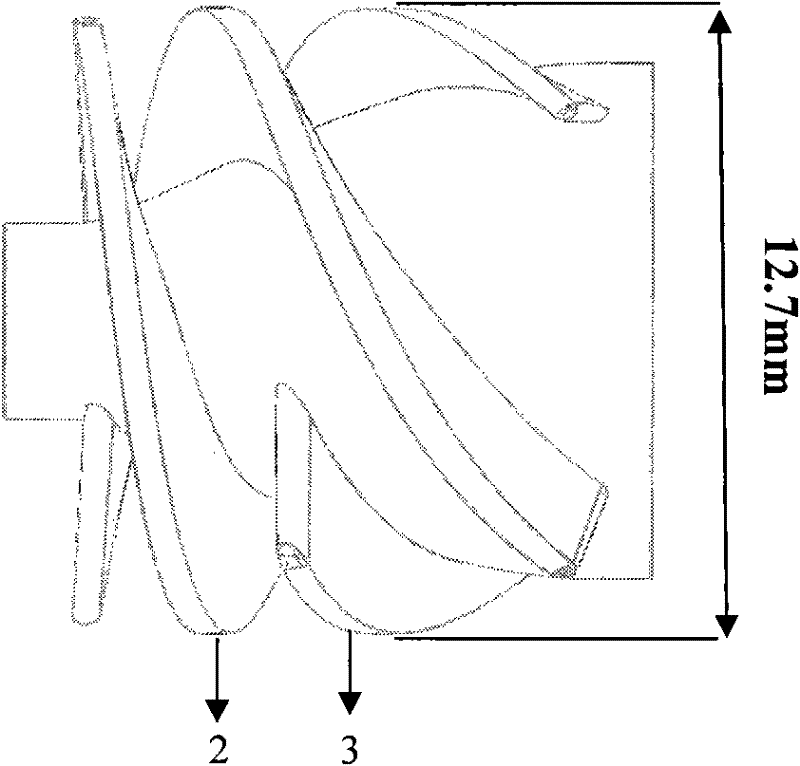 Front diversing flow rotor structure with tapping splitter blades for artificial heart blood pump