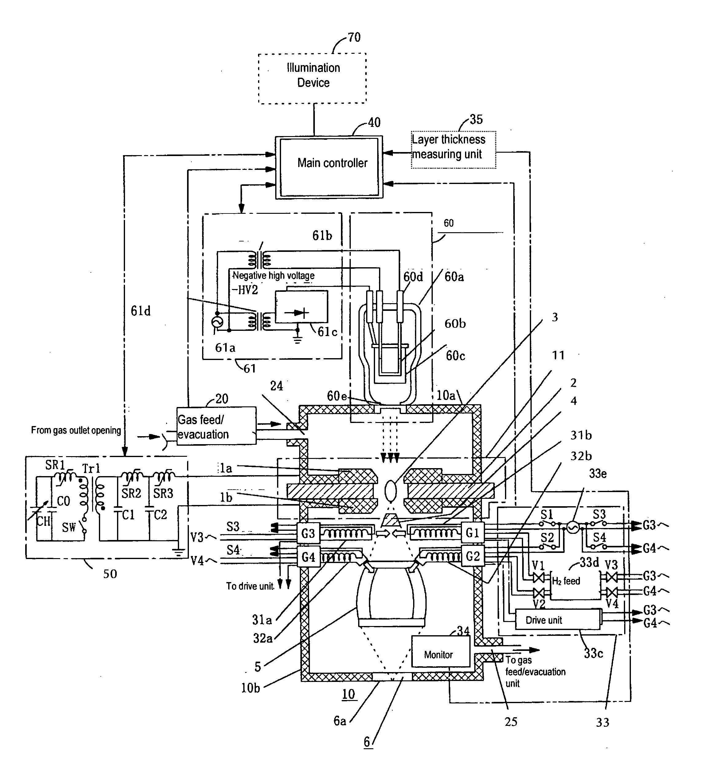 Extreme UV radiation source device and method for eliminating debris which forms within the device