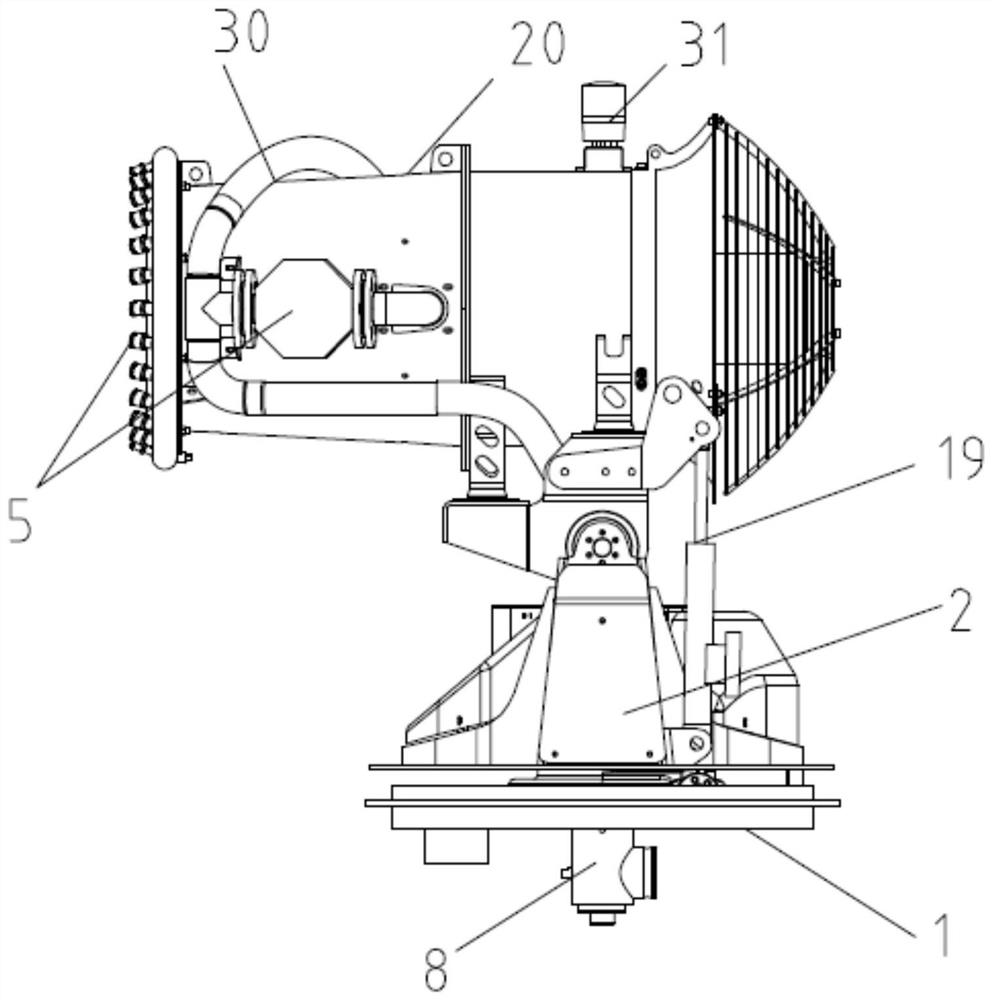 Swing mechanism, axial-flow type turbofan monitor and fire extinguishing system