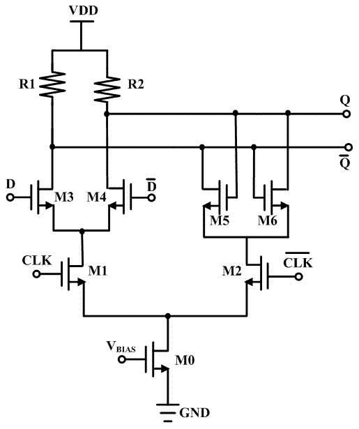 Current-mode-logic-based high speed high-oscillation amplitude divide-by-two frequency divider circuit