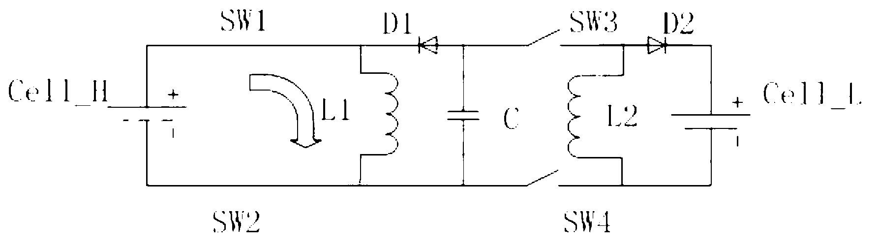 Active balancing circuit of power Li-ion battery module and balancing method thereof