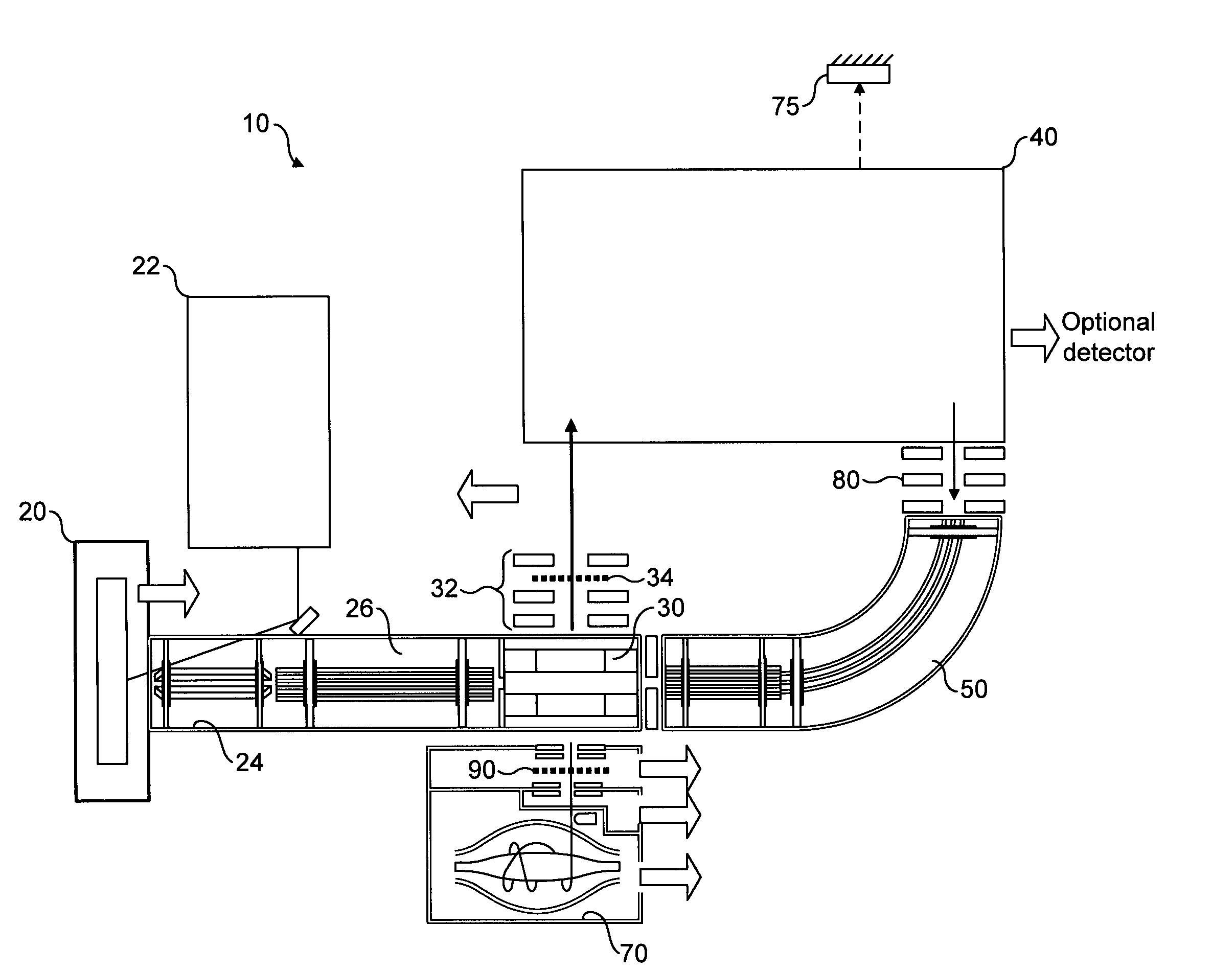 Mass spectrometer arrangement with fragmentation cell and ion selection device