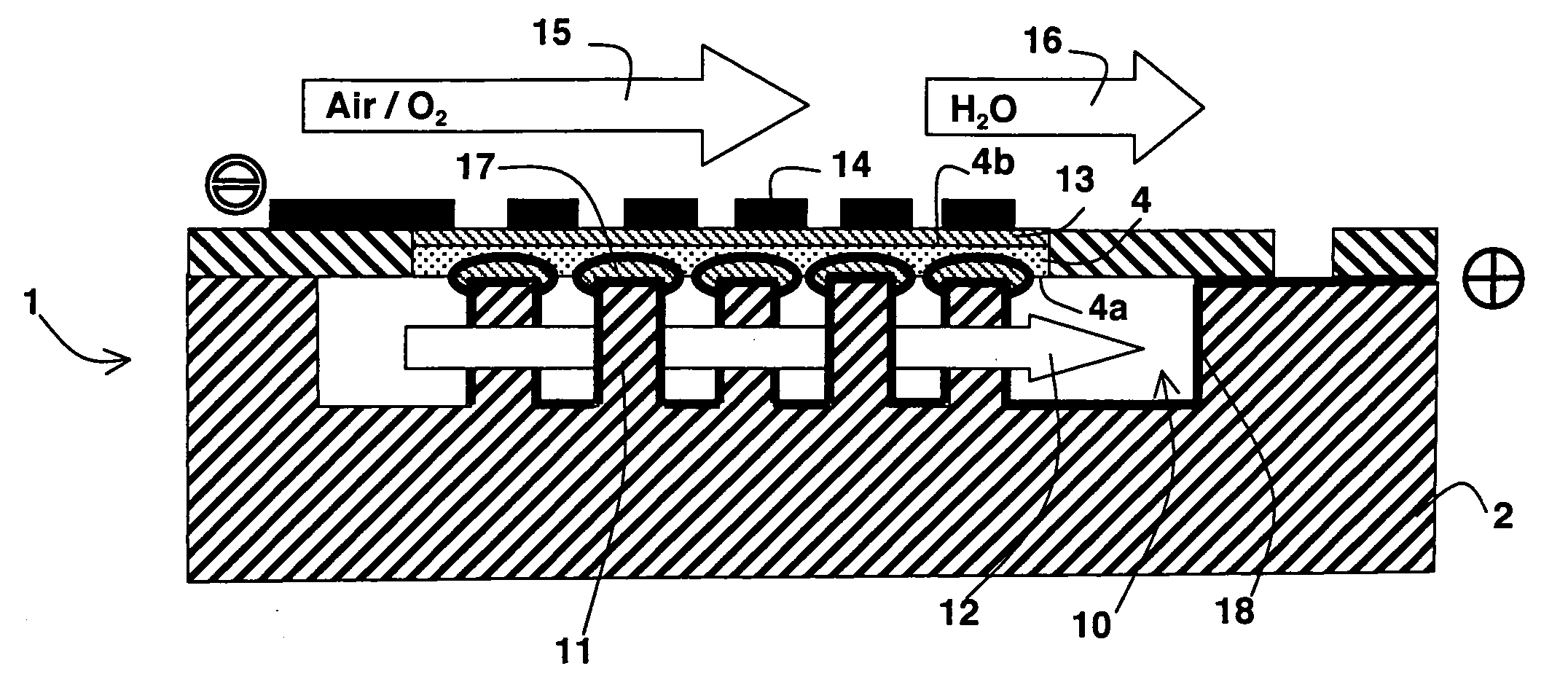 Fuel cell in which a fluid circulates essentially parallel to the electrolytic membrane and method for production of such a fuel cell